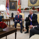 Donald Trump (2R) argues about border security with Senate Minority Leader Chuck Schumer (D-NY) (R) and House Minority Leader Nancy Pelosi (D-CA) as Vice President Mike Pence sits nearby in the Oval Office on December 11, 2018 in Washington, DC.
